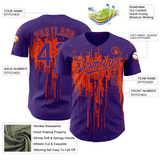 Tropfendes benutzerdefiniertes Muster Baseball Jersey Lila Authentisches 3D Orange Art Splatter Design