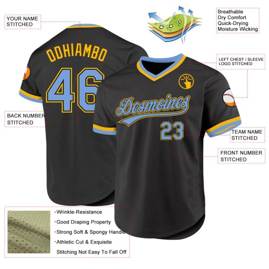 Leichtes authentisches schwarzes Throwback Custom Baseball Jersey Blau-Gold