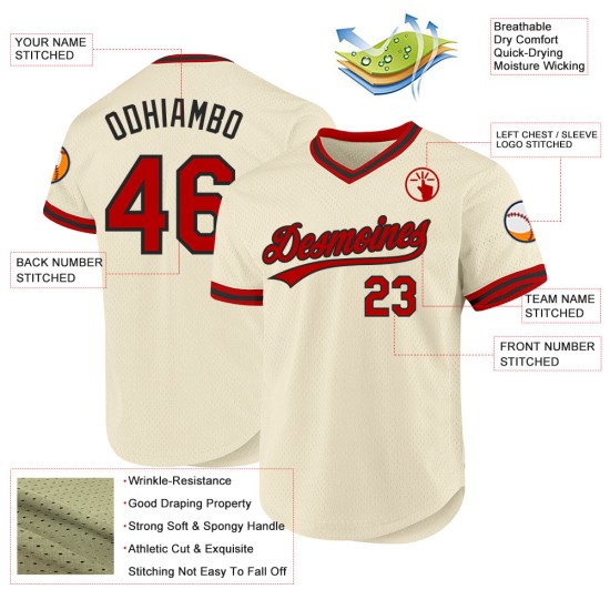 Authentisches Cream Baseball Jersey Throwback Custom Rot-Schwarz